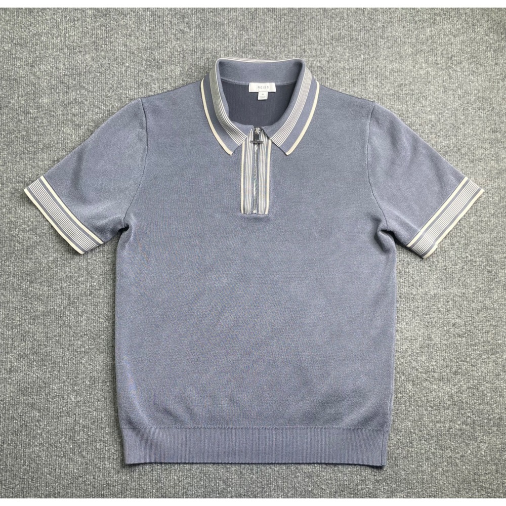 Reiss Knit Polo Mens Medium Blue Short Sleeve Quarter Zip Striped Trim